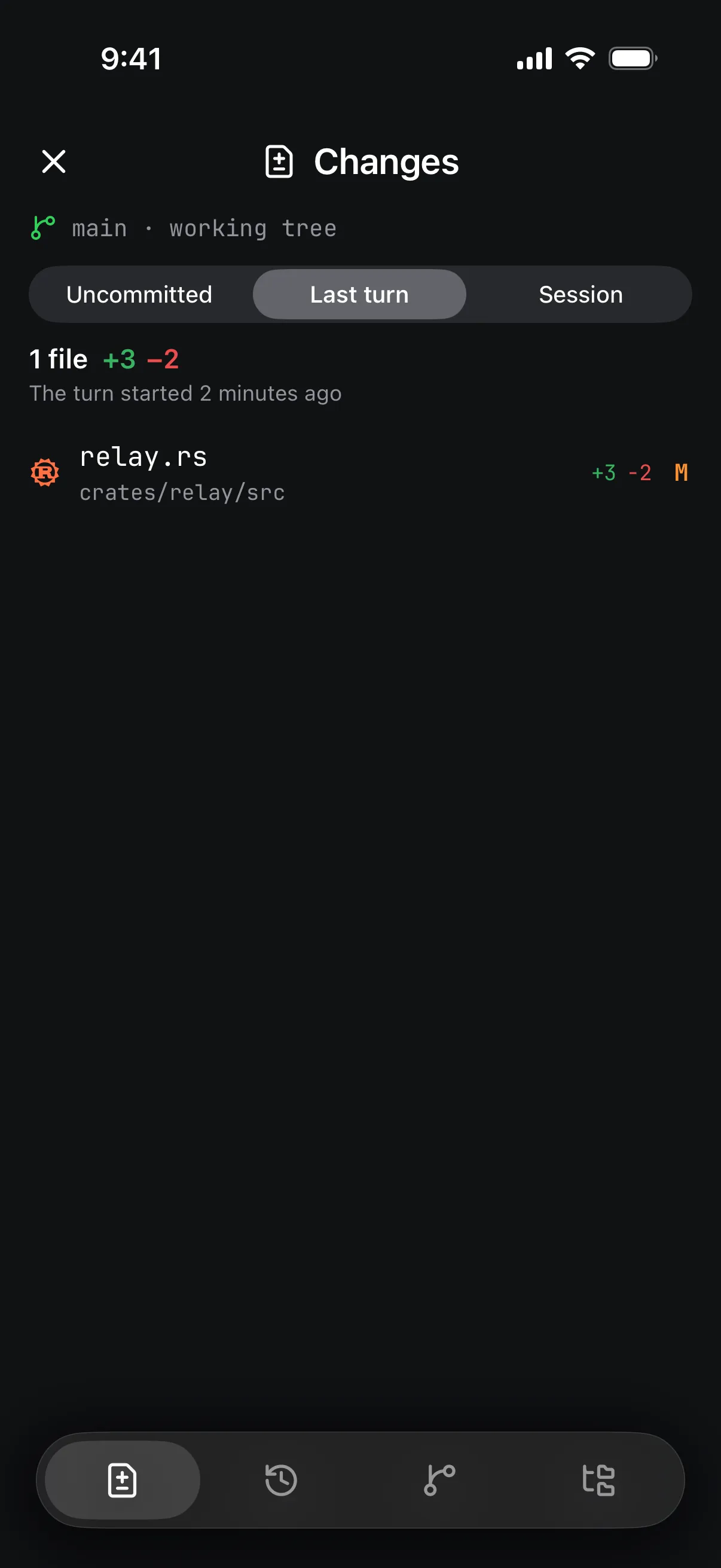 The Changes tab with Last turn selected: one Rust file, 3 lines added and 2 removed.