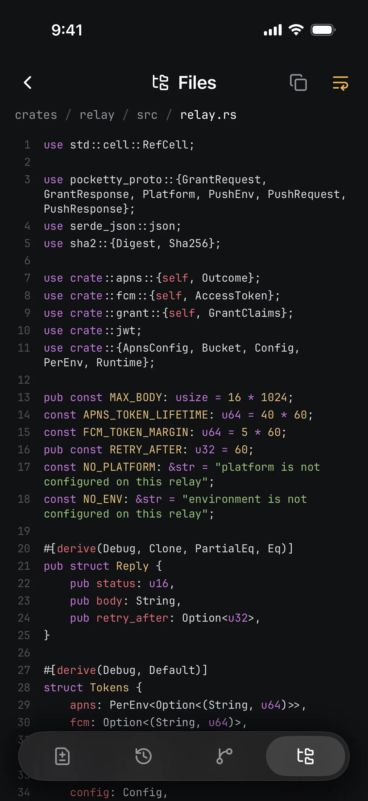 A Rust file from the relay in the file browser, with syntax colors.
